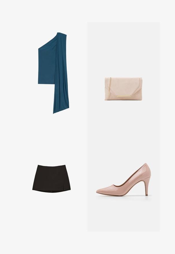 Asymmetrisk teal topp gjord av mjukt, lätt material. Har draperade detaljer på ena sidan och en rak fåll på den andra.; Svart minikjol med rak skärning och en lätt sidoklyvning. Tillverkad av slätt tyg, med en ren fåll och minimalistisk design.; Rosa blanka läder högklackad sko med spetsig tå och smal, avsmalnande klack. Slät textur, minimalistisk design och inga synliga mönster.; Beige mockasklutch med guldkedja och rektangulär hårdvarudetalj. Har en vikflik med snedställda kanter och sömdetaljer.