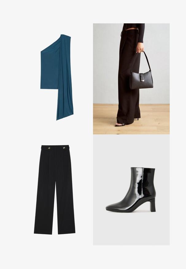 Top asimétrico en color teal, confeccionado en una tela suave y ligera. Presenta un detalle drapeado en un lado y un dobladillo recto en el otro.; Pantalones de pierna ancha negros con cintura alta, detalles de botones en la cinturilla y pliegues en la parte delantera.; Botín de charol negro con punta afilada y un tacón de bloque de altura media. Textura suave y diseño minimalista.; Bolso negro con forma estructurada, textura suave y un cierre metálico. Combinado con pantalones anchos negros y sandalias de dedo en un suelo de madera.