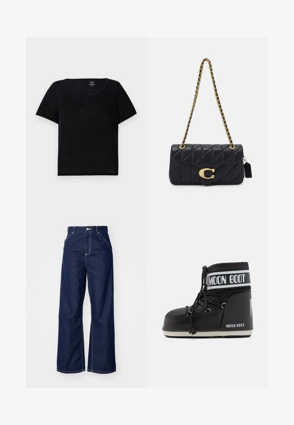 Črna kratka majica s kratkimi rokavi in okroglim izrezom. Narejena iz lahkega blaga z rahlo strukturirano površino. Ima sproščen kroj.; Široke kavbojke v temno modrem denimu, z visokim pasom, kontrastnim belim šivanjem in tradicionalnim dizajnom s petimi žepi.; Črne Moon Boot z oblazinjenim zgornjim delom, pritrjenim z vezalkami in značilnim belim trakom, ki nosi logotip. Debel, strukturiran gumijast podplat.; Črna prešita torbica z zlatim verižnim ročajem, ki vsebuje značilen zlat ključ, majhno oznako in prikazuje teksturirano usnjeno površino.