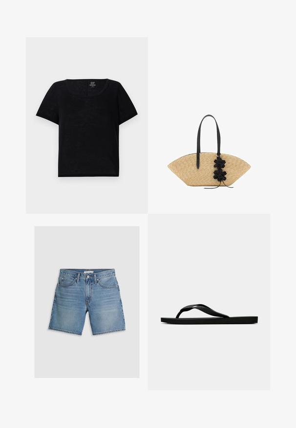 Svart kortärmad T-shirt med rund halsringning. Tillverkad av lätt tyg med en något strukturerad yta. Har en avslappnad passform.; Jeansshorts i ljusblått, med rak skärning, fem fickor och knappstängning. Tillverkade av bomull med en mjuk textur.; Svart gummislip-in sandal med ett texturerat rem och enkel platt sula, visas från sidan på en enkel ljus bakgrund.; Stråväska med en bred, fläktformad design, svarta läderhandtag och svarta blommönster på ena sidan.