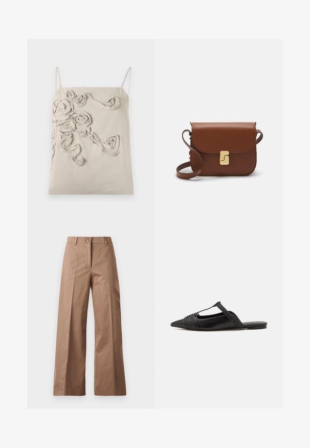 Beesist linane topp õhukeste rihmadega, mis sisaldab tekstuuriga kangast roose ja keerdunud detailidega esiosa, sile viimistlus ja mugav lõige.; Pruunid lai jalgadega püksid, mis on valmistatud siledast kangast, esise nööbiga kinnitusega, kahte esist taskut ja puhtaid, vormitud jooni.; Must kuulsad nahast kandadega kingad, millel on terav nina, koos kootud detaili ja volditud ülaosaga. Lame tald minimaalse riistvaraga.; Pruunist nahast käekott, millel on klapiga sulgur, kuldne riistvara, õlarihm ja sile tekstuur. Kompaktne ristkülikukujuline vorm.