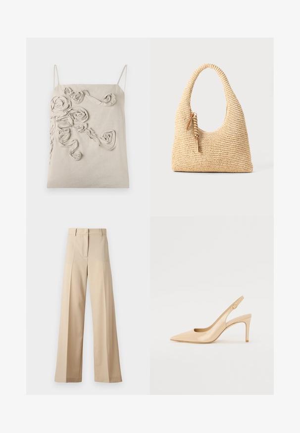 Beige linne toppen med tunna band, prydd med texturerade tygrosor och snurrig detalj på framsidan, slät yta och avslappnad passform.; Beiga vida byxor i mjukt tyg, med en flat front med veck, dragkedja och bälteshällor. Skräddarsydd passform.; Nude lackläder slingback-häl med spetsig tå, öppen vamp och en tunn stilettklack. Har en cirkulär guldaccents på remmen.; Vävd beige handväska med ett böjt handtag, texturerad yta och en brun franjedetalj. Har en slapp hobo-form.