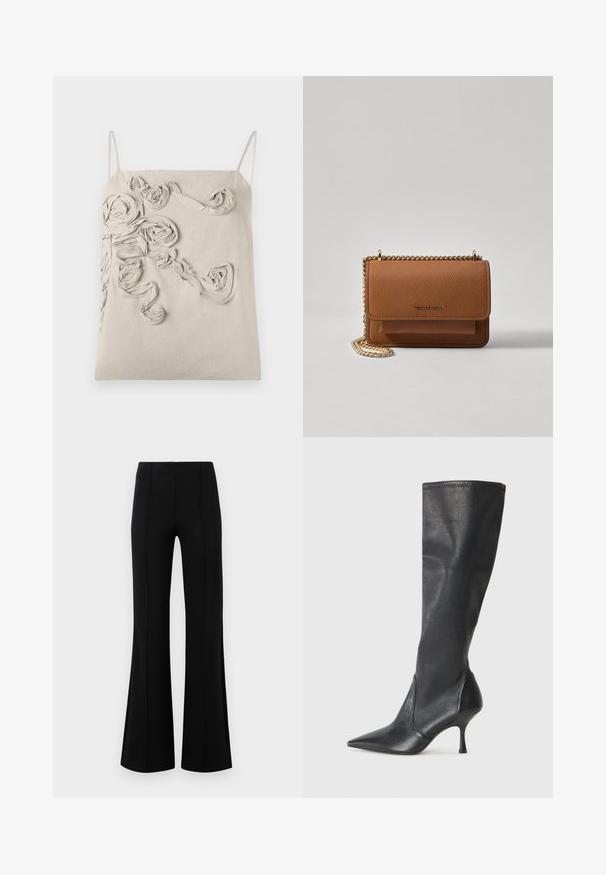 Bež bluzica od lana s tankim naramenicama, koja sadrži teksturirane ruže od tkanine i upečatljiv detalj upletenih elemenata sprijeda, glatke završne obrade i opuštenog kroja.; Crne siraste hlače visokog struka, izrađene od rastezljivog materijala. Imaju vertikalne šavove sprijeda i glatku teksturu.; Čizme od crne kože visine do koljena s šiljastim nosom i uskim stiletto potpeticama. Glatka tekstura s tijesnim dizajnom i šavovima na gornjoj ivici.; Smeđa kožna torba preko tijela s teksturom, zlatnim lančićem i preklopom na zatvaranju. Na prednjoj strani nalazi se detalj s potpisom i džep ispod preklopa.