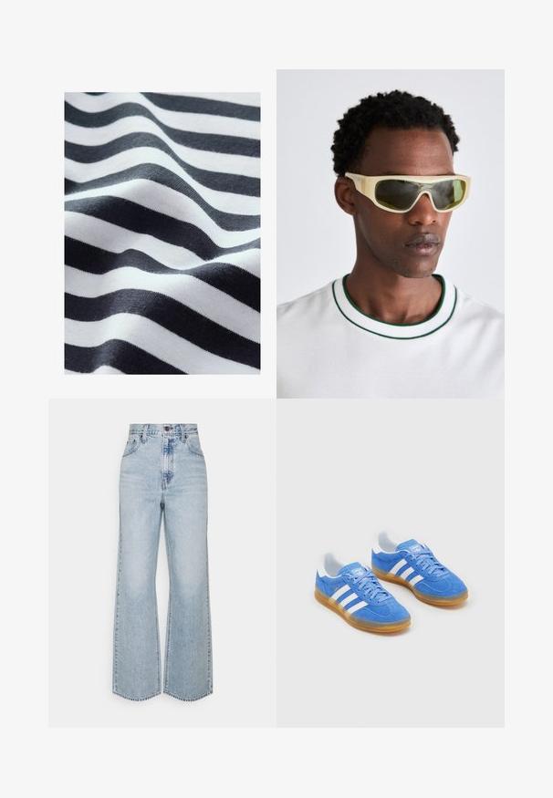 Wavy fabric with black and white stripes, showing soft texture. The stripes vary in thickness and create a smooth, flowing appearance.; Light blue denim wide-leg jeans featuring a high waist, classic five-pocket design, and contrasting stitching. Raw hem detail at the bottom.; Blue suede sports shoes with white striped accents, rubber sole, and padded collar for comfort. Features classic lace-up design.; Sunglasses with a translucent yellow frame and green-tinted lenses. Angular design with wide temples, worn with a white shirt featuring green accents.