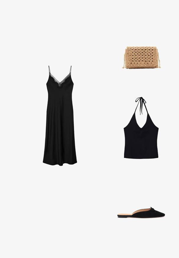Czarny top na szyi wykonany z prążkowanej tkaniny, z głębokim dekoltem w kształcie litery V i regulowanym zapięciem na szyi. Dopasowany krój bez dodatkowych detali.; Czarna sukienka bez rękawów z cienkimi ramiączkami, z koronkowym dekoltem w kształcie litery V i zwiewną sylwetką, wykonana z miękkiego materiału.; Czarne zamszowe buty wsuwane z szpiczastym noskiem i małą ozdobną kokardką na przodzie, z płaską podeszwą i otwartym tyłem.; Torebka szydełkowa w jasnym beżu, z teksturowanym wzorem. Złoty łańcuszek, z dekoracyjnymi ćwiekami wzdłuż krawędzi dla dodatkowego wykończenia.