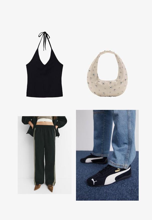 Black halter top made of ribbed fabric, featuring a deep V-neck and adjustable tie closure at the neck. Fitted silhouette with no additional details.; Black, loose-fitting joggers with elastic waistband and side pockets, featuring contrasting light beige stripes along the legs.; Black suede sneakers with white accents, featuring a gold logo. Worn with light blue denim jeans and set on a textured blue surface.; Beige leather bag with a hobo shape, featuring silver metal studs in varying sizes across the exterior, contrasting zipper closure.
