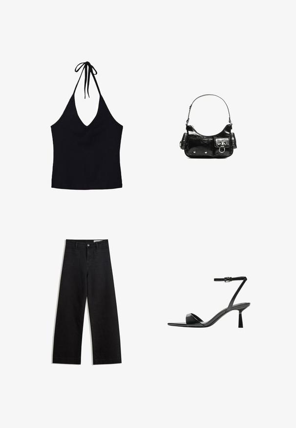 Crni top na halter, napravljen od rebraste tkanine, s dubokim V-izrezom i podesivim vezivanjem oko vrata. Prilagođena silueta bez dodatnih detalja.; Crne široke traperice s visokim strukom, s prednjim i stražnjim džepovima, šivenim šavovima i kopčanjem na gumb. Glatka tekstura.; Bershka Sandale s visokom petom - black; Crna patentna kožna torba s zakrivljenim oblikom, jednim remenom za rame, prednjim džepovima i akcentima od srebrnog tona.
