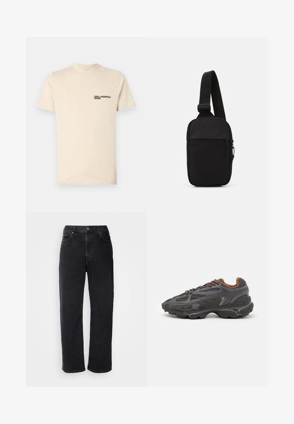 Krém színű pamut póló, kerek nyakkal, rövid ujjakkal, és egy kis fekete nyomtatott logóval, amely a bal mellkason olvasható: "KARL LAGERFELD JEANS".; Fekete farmernadrág egyenes szabással, öt zsebbel és kontrasztos varrással. Gombos záródással és övbújtatókkal a derékrészen.; Sötét szürke Lacoste sportcipők hálós és szintetikus anyagból, textúrázott talppal és barna díszítésekkel a nyak részen és a logón.; Fekete keresztpántos táska, tartós anyagból készült, egy állítható pánttal, cipzáras főrekesszel és elülső zsebbel.