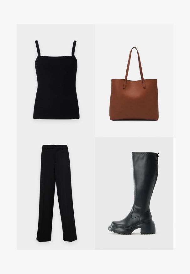Black ribbed tank top with adjustable straps, square neckline, and a fitted design that hugs the body, made from a stretchy fabric.; Black wide-leg trousers made of smooth fabric, featuring a classic waistband with a button closure and front pleats.; Tall black leather boot with chunky platform sole and block heel, featuring pull tab and textured tread on outsole.; Brown leather tote bag with a smooth texture, open top design, and two shoulder straps. Features minimal stitching and no visible hardware.