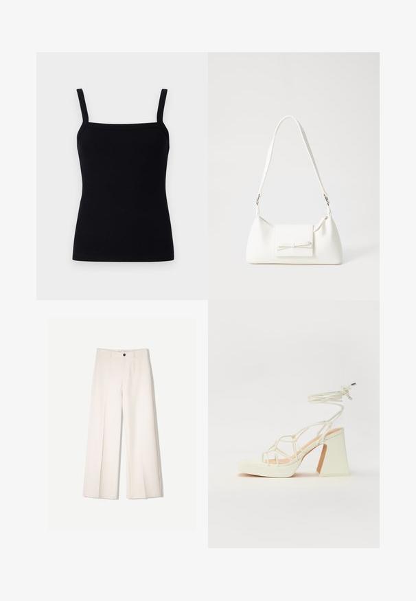 Black ribbed tank top with adjustable straps, square neckline, and a fitted design that hugs the body, made from a stretchy fabric.; Cream wide-leg trousers with a tailored design, featuring two front pockets and a single front button closure, made from smooth fabric.; White high-heeled sandal with a chunky heel, featuring a strappy design and ankle tie. Smooth texture with a platform front for added height.; White synthetic handbag with a triangular shape, flat front flap and bow detail, adjustable strap, smooth texture, and minimalistic design.