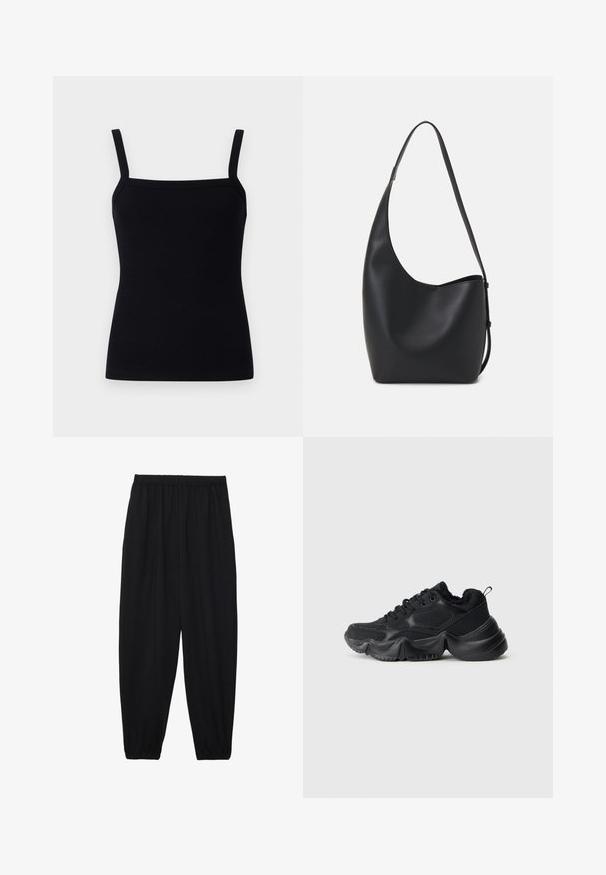 Black ribbed tank top with adjustable straps, square neckline, and a fitted design that hugs the body, made from a stretchy fabric.; Black, lightweight pants with an elastic waistband and gathered ankles. The fabric is smooth and features a relaxed, tapered design.; Black sneakers with a mix of smooth and textured materials, thick soles, rounded shape, and decorative stitching. Features a soft, plush cuff.; Black leather hobo bag with a smooth texture, curved shape, and single adjustable strap; features a wide opening at the top.
