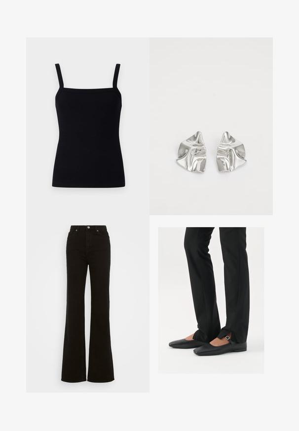 Mustmust sälgiga t-särk, millel on reguleeritavad rihmad, ruudukujuline kaelus ja keha külge sulguv disain, valmistatud venivast kangast.; Kõrge talje ja mustad laiad teksad, mis on valmistatud denimist, neil on nupuga sulgur, küljetaskud ja sile tekstuur.; Mustadast mustast nahast balletkingad terava ninaga, millel on rihm hõbedase klambriga, kokku sobitatud mustade ülikondpükstega, millel on lõhiku serv.; Hõbedased metallkõrvarõngad lainelise, skulpturaalse disainiga, millel on poleeritud viimistlus ja ebaregulaarsed kujundid, rõhutades kaasaegset esteetikat.