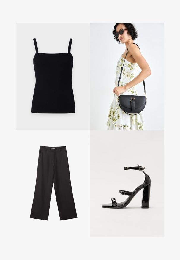 Černý žebrovaný tílko s nastavitelnými ramínky, čtvercovým výstřihem a přiléhavým střihem, který obepíná tělo, vyrobené z elastického materiálu.; Černé široké kalhoty vyrobené z hladké tkaniny, s předním zipem a dvěma bočními kapsami, s dobře padnoucím střihem a minimalistickým designem.; Černé lakované sandály na podpatku se čtveratou špičkou, lýtkovými pásky a stříbrnými přezkami. Disponují masivním blokovým podpatkem pro stabilitu.; Černá kožená kabelka s křivkovým tvarem, odnímatelným popruhem a zlatými detaily. Kabelka má klopu s přezkou.