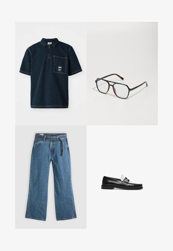 adidas Originals - Koszulka polo; Niebieskie dżinsowe spodnie szerokie z dołączonym paskiem, kieszeniami z przodu i widocznym przeszyciem na jednolitym jasnym tle.; Czarno-białe skórzane mokasyny o połyskującej powierzchni, z płaską podeszwą, przeszyciami oraz dekoracyjnym paskiem na górze.; Okulary przeciwsłoneczne w wzór żółwia, o czworobocznym kształcie, z przezroczystymi soczewkami i cienkimi metalowymi akcentami na ramie.