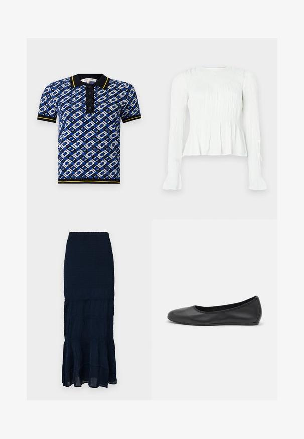 Camisa polo de rayas azules y blancas con un cuello negro y acentos amarillos, que presenta una tapeta abotonada y puños acanalados.; Blusa blanca de manga larga con detalles de tela fruncida, cuerpo fruncido y puños acampanados sobre un fondo liso.; Falda midi azul marino con frunces, dobladillo con volantes en capas y tela texturizada. Cintura elástica para un ajuste ajustable.; Bailarina de piel negra con punta redondeada, textura suave, detalle de costura minimalista y diseño de suela flexible.