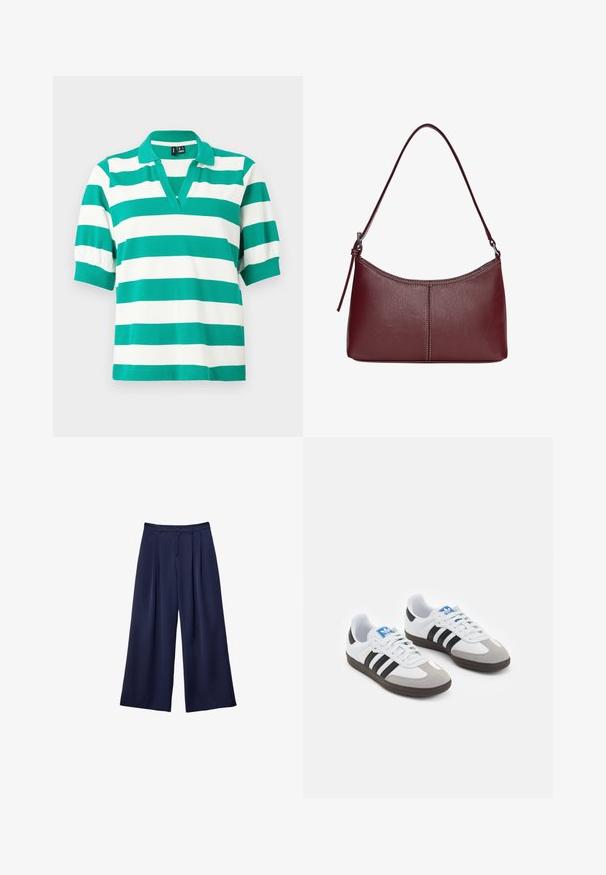Grön- och vitrandig polotröja med korta puffärmar, V-ringad krage och ribbade mudd. Tillverkad av mjukt tyg.; Marinblå vida byxor med veck, knappad midja och bälteshällor, visade liggande på en vit bakgrund.; Sportskor med överdel i vit läder, grå mocka på tårna och tre svarta ränder. Har en blå logotyp på tungan och en texturerad gummisula.; Vinröd läderhandväska med en böjd form, en enkel axelrem och sömnadsdetaljer i mitten. Slät textur, minimal hårdvara.