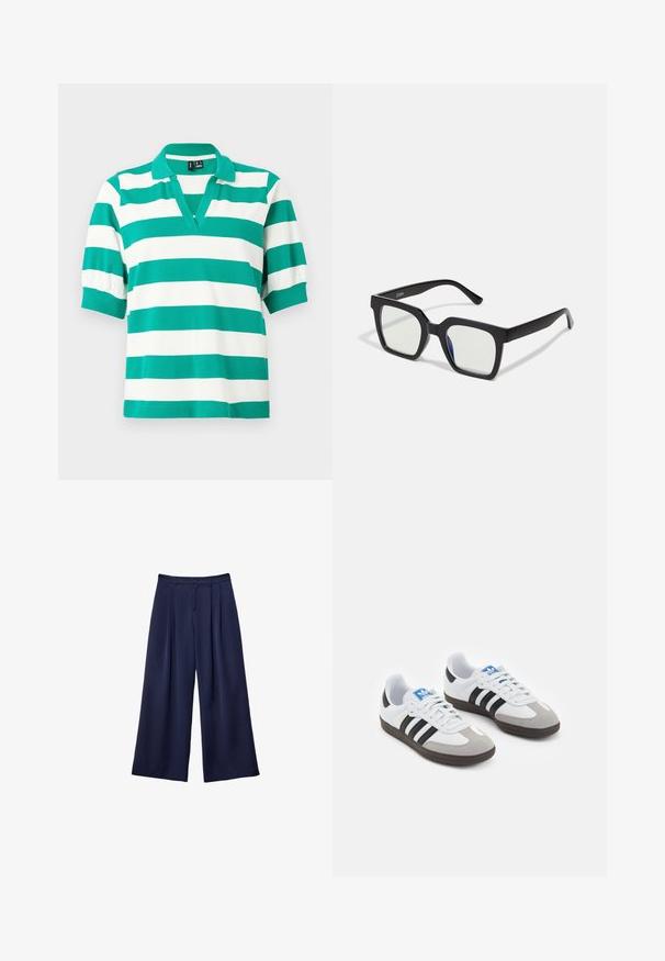 Zeleno-biela pruhovaná polokošeľa s krátkymi puff rukávmi, výstrihom do V a rebrovanými manžetami. Vyrobená z mäkkej tkaniny.; Námornícky modré široké nohavice s pukmi, zapínaním na gombík a pútkami na opasok, zobrazené ležiace na bielom pozadí.; Športové topánky s bielym koženým zvrškom, šedou semišovou špičkou a tromi čiernymi pruhmi. Obsahujú modré logo na jazyku a štruktúrovanú gumovú podrážku.; Čierne slnečné okuliare s matným povrchom, so priehľadnými šošovkami a jemným modrým odtieňom na jednej strane. Robustný, uhlový dizajn.
