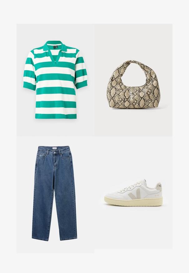 Vihreä ja valkoinen raidallinen polo-paita, jossa on lyhyet puffihihat, V-mallinen kaulus ja ribattu resori. Valmistettu pehmeästä kankaasta.; Classiset siniset farkut suoran lahkeen muotoilulla, viidellä taskulla ja napillakaan. Ominaisuudet: keskivahva pesu ja kestävä rakenne.; Valkoiset nahkakengät, joissa on vaaleanruskeat pigmenttisuojat, rei'itetty kärki, litteät nauhat ja teksturoitu kermaisa pohja. Takana on huomaamaton brändäys.; Käärmeennahkakuosiset käsilaukku, jossa on kaareva kahva. Tehty teksturoiduista beigeistä ja ruskeista materiaaleista, joissa on erottuva timanttikuvio.