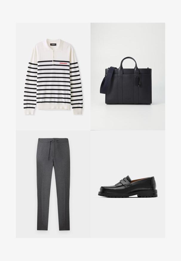 Polo bianco a maniche lunghe con strisce orizzontali nere, dotato di tre bottoni e logo rosso "DSQUARED2" sul lato sinistro del petto. Tessuto a maglia morbida.; Pantaloni neri a sigaretta con elastico in vita e cordino, caratterizzati da pieghe sottili lungo la parte anteriore.; I mocassini in pelle nera presentano una cucitura sollevata, due fasce decorative sulla parte superiore e una suola spessa e texture per una maggiore aderenza.; Cartella in pelle blu scuro con doppio manico superiore e tracolla removibile. Presenta una finitura texturizzata, cuciture verticali e dettaglio del logo.