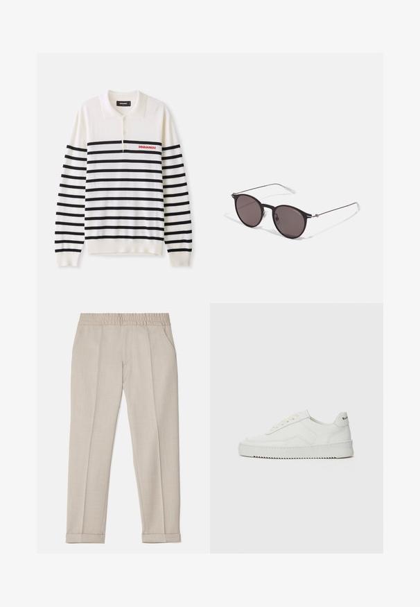 Weißes Langarm-Polo mit schwarzen horizontalen Streifen, ausgestattet mit drei Knöpfen und rotem "DSQUARED2"-Logo auf der linken Brust. Weicher Strickstoff.; Filippa K TERRY CROPPED TROUSERS - Stoffhose - sage melange; Weiße Ledersneaker mit glatter Oberfläche, runder Zehenpartie, flachen Schnürsenkeln und strukturiertem Sohlenprofil. Mit einem dezenten Logo an der Ferse.; Schwarze runde Sonnenbrille mit dunklen Gläsern und schlanken Metallbügeln. Enthält klare Tempelspitzen und silberne Akzente am Scharnier. Minimalistisches Design.