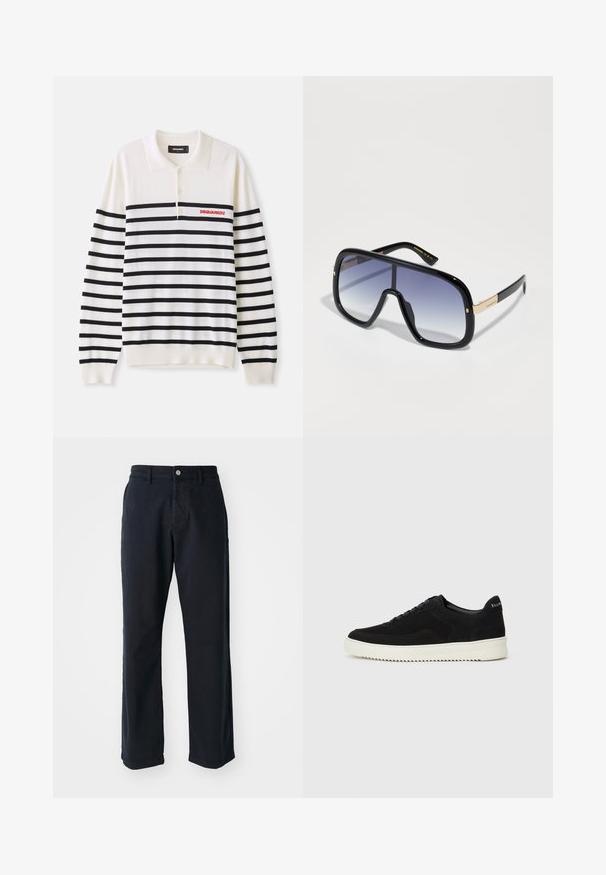 White long-sleeve polo with black horizontal stripes, featuring three buttons and red "DSQUARED2" logo on the left chest. Soft knit texture.; Navy blue cotton trousers with a straight-leg design, featuring a front button closure and two side pockets. Smooth texture, no visible patterns.; Black suede sneaker with lace-up design and contrasting white rubber sole. Features textured side panels and subtle branding on the heel.; Oversized black sunglasses with a gradient purple lens, glossy finish, and gold accents on the temple. Rectangular frame shape.