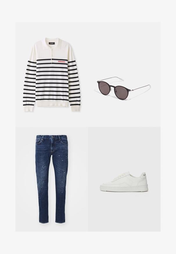Weißes Langarm-Polo mit schwarzen horizontalen Streifen, ausgestattet mit drei Knöpfen und rotem "DSQUARED2"-Logo auf der linken Brust. Weicher Strickstoff.; Dunkelblaue Denim-Jeans mit schlankem Schnitt, die Farbkleckse, sichtbare Nähte und ein klassisches fünf-Taschen-Design aufweisen. Gerader Beinansatz.; Weiße Ledersneaker mit glatter Oberfläche, runder Zehenpartie, flachen Schnürsenkeln und strukturiertem Sohlenprofil. Mit einem dezenten Logo an der Ferse.; Schwarze runde Sonnenbrille mit dunklen Gläsern und schlanken Metallbügeln. Enthält klare Tempelspitzen und silberne Akzente am Scharnier. Minimalistisches Design.