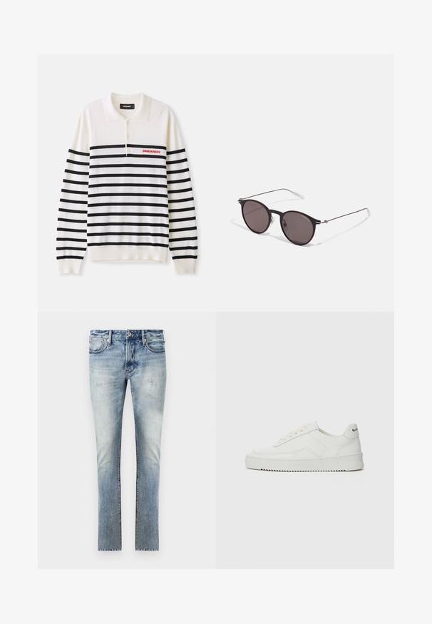 Witte lange mouwen polo met zwarte horizontale strepen, voorzien van drie knopen en een rood "DSQUARED2" logo op de linkerborst. Zachte gebreide textuur.; Lichtblauwe denim jeans met een vervaagde afwerking, slim fit ontwerp, vijf zakken en contrasterende stiksels bij de naden.; Witte leren sneaker met een gladde afwerking, ronde neus, platte veters en een gestructureerde zool. Kenmerkt zich door een subtiel logo op de hiel.; Zwarte ronde zonnebril met donkere lenzen en slanke metalen armen. Inclusief heldere tempelpunten en zilveren accenten bij de scharnier. Minimalistisch ontwerp.