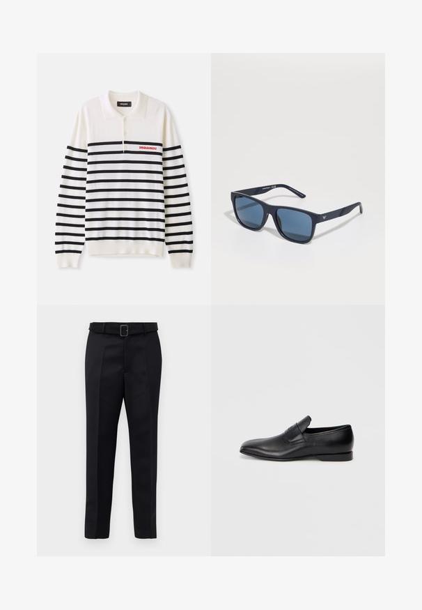 Valge pika varrukaga polo, millel on mustad horisontaalsed triibud, sisaldab kolme nööpi ja punast "DSQUARED2" logo vasakul rinnal. Pehme kudumise tekstuur.; Mustad mustad püksid on valmistatud siledast kangast, sirgelt lõigatud ja beldiga vöökoht, millel on ristkülikukujuline pandla. Märkimisväärsed esisellukid täiustavad disaini.; Must musta libisemisega king, millel on terav varvas, sile tekstuur ja tagasihoidlik bränding küljel. Madal konts puhta ja minimalistliku disainiga.; Sinine ristkülikukujuline prillid tumedate läätsedega, matt laevastiku raam, logo detail templil, sirged käed ja kindel, sile tekstuur.