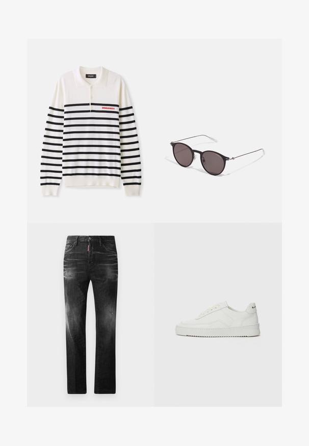 White long-sleeve polo with black horizontal stripes, featuring three buttons and red "DSQUARED2" logo on the left chest. Soft knit texture.; Black denim jeans with a straight fit. Features faded areas, minor distressing, classic five-pocket design, and a button closure.; White leather sneaker with a smooth finish, round toe, flat laces, and a textured sole. Features a subtle logo on the heel.; Black round sunglasses with dark lenses and slim metal arms. Includes clear temple tips and silver accents at the hinge. Minimalist design.