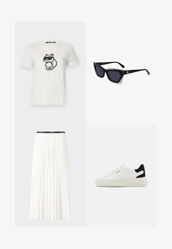 Camiseta de algodón blanca con un gato de dibujos animados con acentos rojos y gafas de sol oscuras. Cuello redondo y mangas cortas.; Falda blanca plisada con una cinturilla elástica negra que presenta el logotipo "LACOSTE". Diseño de longitud media con textura suave.; Zapatillas blancas de cuero con una suela blanca gruesa, acento en el talón de ante negro y logo grabado en el lateral. Diseño de cordones con seis ojales.; Gafas de sol negras de gran tamaño con una forma geométrica, que presentan lentes oscuros y un detalle gris contrastante en la montura. Logo en la pata.