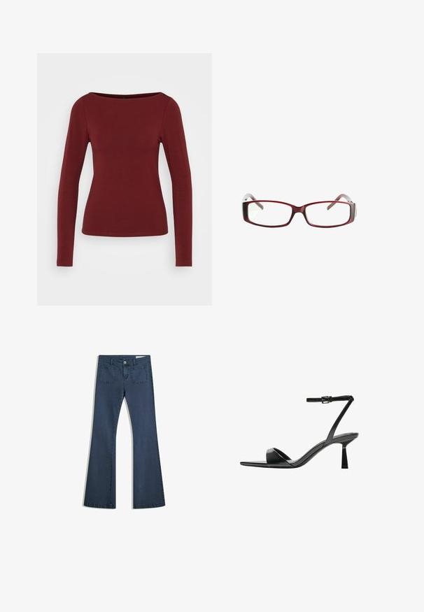 Top cu mâneci lungi, în culoarea burgundă, având un decolteu tip barcă, design ajustat și țesătură netedă, elastică. Fără modele sau accesorii vizibile.; Jeans din denim de un albastru închis, cu o croială evazată, buzunare cusute, închidere cu nasture și o textură netedă. Are un design clasic cu cinci buzunare.; Bershka Sandale cu toc - black; Ochelari de vedere rectangulari roșii, cu un design elegant. Lentile clare, brațe ușor translucide și un efect de degradé de la roșu la gri.