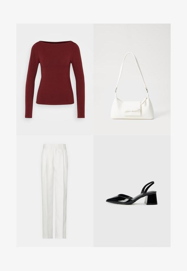 Langermet topp i burgunder, med båtutringning, tettsittende design og glatt, elastisk stoff. Ingen mønstre eller metallfester synlige.; Hvite strikkede bukser med rette ben, laget av et lett stoff. Har folder foran og et tradisjonelt midjebånd.; Svarte patentlær slingback hæler med spiss tå og geometrisk blokk hæl. Har et stilrent, minimalistisk design og jevn tekstur.; Hvit syntetisk håndveske med trekantet form, flat klaff foran og sløyfe detaljer, justerbar stropp, glatt tekstur og minimalistisk design.