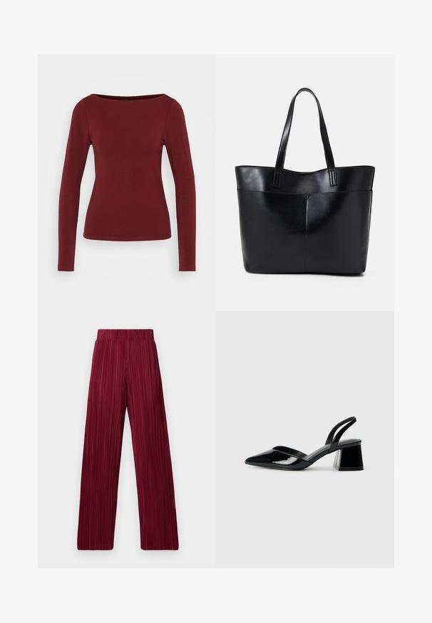 Ilgas rankovės burgundiška palaidinė, turinti plačią apykaklę, prigludusį siluetą ir lygų, elastingą audinį. Nėra matomų raštų ar detalių.; Bordo klostyti plačios kojos ilginti kelnių su elastinga juosta. Tekstūruotas audinys su vertikaliomis juostomis. Tiesus kirpimas iki apvado.; Juodos lakuotos odinės šlepetės su smailiu pirštu ir geometriniu bloko kulnu. Turi elegantišką, minimalistinį dizainą ir lygų paviršių.; Juoda odinė rankinė su dviem ilgais diržais, lygiu paviršiumi ir struktūrizuota forma. Yra priekinė kišenė papildomam saugojimui.