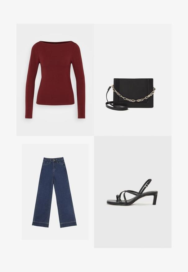 Langærmet top i burgundy med bådudskæring, figursyet design og glat, elastisk stof. Ingen mønstre eller hardware synlig.; Vidde bukser i mørkeblå denim. Har fem lommer, bæltestropper og en rå kant nederst med synlige stikninger.; Sort remsandale med firkantet tå og en lav blokeret hæl. Har flere tynde stropper og en justerbar ankelrem. Fremstillet af glat læder.; Sort læder crossbody taske med en glat tekstur, rektangulær form og en metallisk kæde detalje foran. Justerbar skulderrem inkluderet.