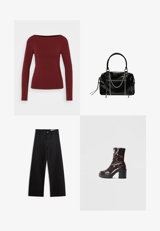 Long-sleeve top in burgundy, featuring a boat neckline, fitted design, and smooth, stretch fabric. No patterns or hardware visible.; Black wide-leg denim pants with a high waist, featuring front and back pockets, stitched seams, and a button closure. Smooth texture.; Glossy burgundy ankle boot with a chunky black heel, featuring a smooth texture and simple design. No visible fastenings or patterns.; Bershka WITH CHAIN - Handbag - black