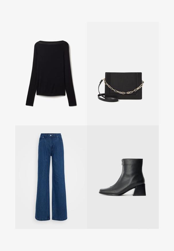 Dlouhé černé tričko z měkké látky, s širokým výstřihem a mírně volným střihem, bez viditelných vzorů nebo kovových detailů.; Široké modré džínové kalhoty s vysokým pasem, zapínáním na knoflík a zip, a předními a zadními kapsami na jednobarevném pozadí.; Černá kožená kotníková bota se čtveratým špičkou, bočním zipem a blokovým podpatkem na jednobarevném světlem pozadí.; Černá kožená crossbody taška s hladkým povrchem, obdélníkovým tvarem a kovovým řetízkem na přední straně. Součástí je nastavitelný popruh.