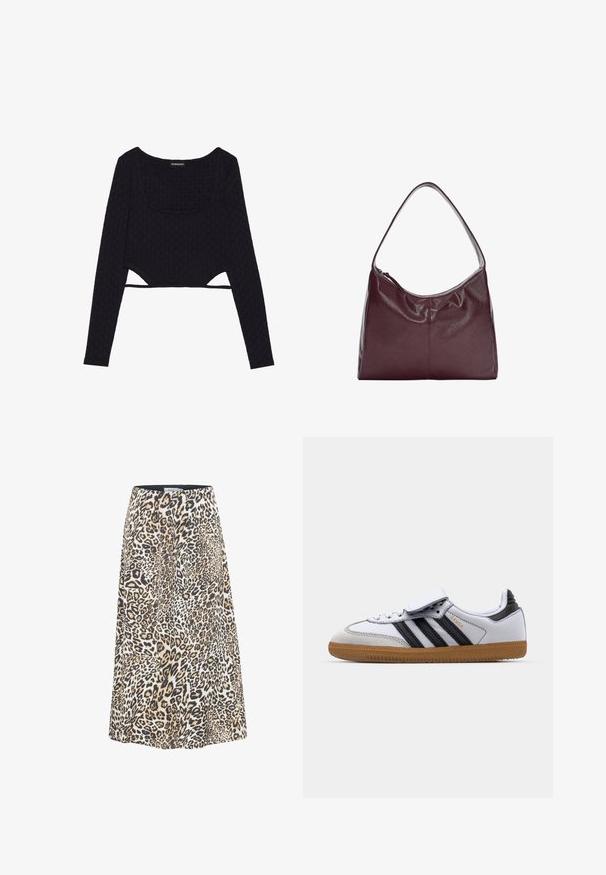Czarny krótki top z długimi rękawami z teksturowanym heksagonalnym wzorem, okrągłym dekoltem i wycięciami na dole. Miękki, elastyczny materiał.; Spódnica w panterkę o rozkloszowanym kroju, w odcieniach beżu, czerni i kremu. Wykonana z miękkiego, lekkiego materiału z pasem w talii.; Białe skórzane sneakersy z czarnymi paskami i szarymi akcentami, z zaokrąglonym czubkiem i gumową podeszwą. Zapięcie na rzep oraz sznurowanie.; Burgundowa torebka hobo ze skórki z zakrzywionym uchwytem i miękkim, teksturowanym ciałem. Posiada zamek błyskawiczny oraz minimalne detale stębnowania.