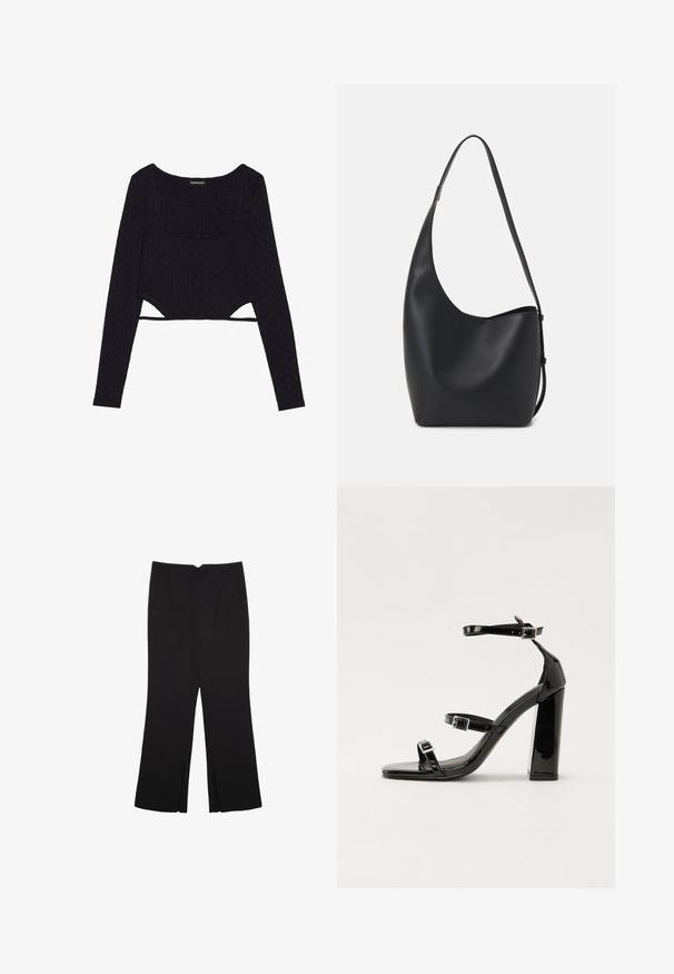 Czarny krótki top z długimi rękawami z teksturowanym heksagonalnym wzorem, okrągłym dekoltem i wycięciami na dole. Miękki, elastyczny materiał.; Czarne spodnie o prostym kroju, z przednimi kieszeniami i bocznymi rozcięciami na dole. Wykonane z miękkiego, gładkiego materiału. Odpowiednie na różne okazje.; Czarne lakierowane sandały na wysokim obcasie, z dwoma paskami zapinanymi na klamry, kwadratowy nosek i masywny obcas typu słupek, o gładkiej, błyszczącej fakturze.; Czarna skórzana torba hobo o gładkiej fakturze, zaokrąglonym kształcie i pojedynczym, regulowanym pasku; posiada szerokie otwarcie na górze.