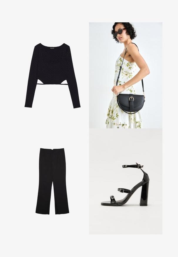 Czarny krótki top z długimi rękawami z teksturowanym heksagonalnym wzorem, okrągłym dekoltem i wycięciami na dole. Miękki, elastyczny materiał.; Czarne spodnie o prostym kroju, z przednimi kieszeniami i bocznymi rozcięciami na dole. Wykonane z miękkiego, gładkiego materiału. Odpowiednie na różne okazje.; Czarne lakierowane sandały na obcasie z kwadratowym noskiem, z paskami wokół kostki i srebrnymi klamrami. Posiadają masywny słupek dla stabilności.; Czarna skórzana torebka o zakrzywionym kształcie, z odpinanym paskiem i złotymi akcentami. Torebka posiada klapę z zapięciem w kształcie klamry.