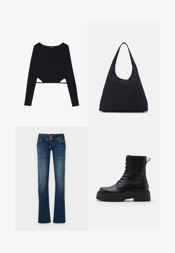 Schwarzes, kurzes Langarmoberteil mit strukturiertem sechseckigem Muster, Rundhalsausschnitt und Aussparungen am Saum. Weicher, dehnbarer Stoff.; Dunkelblaue Bootcut-Jeans mit zwei vorderen Knöpfen, fünf Taschen und feinem Verblassen an Oberschenkeln und Knien.; Schwarze Lederstiefeletten mit runder Zehenpartie, Schnürung vorne und einer dicken Gummisohle mit strukturiertem Profil. Mit Zugschlaufe an der Rückseite.; Schwarze Stofftasche mit einem einzelnen, breiten Schulterriemen. Weiche, semi-strukturierte Form und glatte Textur; minimales Design, ohne sichtbare Beschläge.; Silberne Creolen mit gedrehter Gestaltung, ausgestattet mit einer polierten Oberfläche und einer Steckverschluss. Sie haben einen Durchmesser von ca. 3 cm.