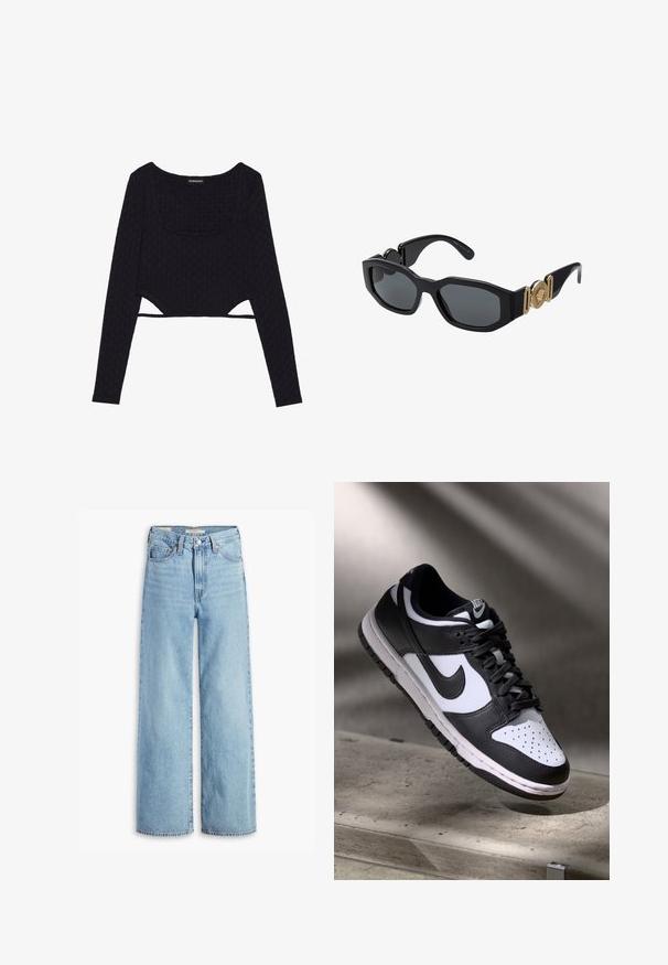 Schwarzes, kurzes Langarmoberteil mit strukturiertem sechseckigem Muster, Rundhalsausschnitt und Aussparungen am Saum. Weicher, dehnbarer Stoff.; Hochgeschnittene, hellblaue Schlagjeans mit Frontknopf und Reißverschluss, Gürtelschlaufen und fünf Taschen.; Schwarz-weißer Nike Dunk Low Sneaker mit Lederobermaterial, perforiertem Zehenbereich und schwarzen Schnürsenkeln, ausgestattet mit einer weißen Sohle und Logo-Akzenten.; Schwarze Sonnenbrille mit einem massiven geometrischen Rahmen, dunklen Gläsern und goldenen Metallelementen an den Bügeln, die ein rundes Emblemdetail aufweisen.; Schwarze Leder-Hobo-Tasche mit einem lässigen Design, breitem Schultergurt und glatter Textur. Verfügt über einen seitlichen Reißverschluss.
