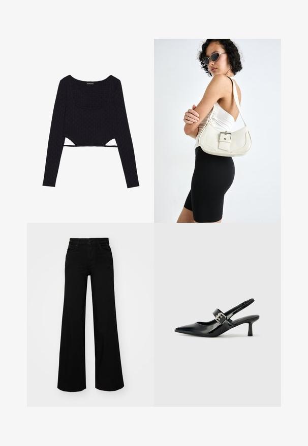 Svart cropped langermet topp med et teksturert sekskantet mønster, rund hals og utskjæringer ved kanten. Myk, elastisk stoff.; Svart vide bukser laget av denim, med en strukturert midjebånd, beltestropper og frontlommer. Glatt tekstur med et klassisk design.; Svarte patent lær slingback hæler med spiss tå og en liten blokkheel, med en sølvspenne som detalj på stroppen.; Hvit lær håndveske med en buet form, justerbar stropp og en liten spenne-detalj. Modellen har på seg en tettsittende svart antrekk.