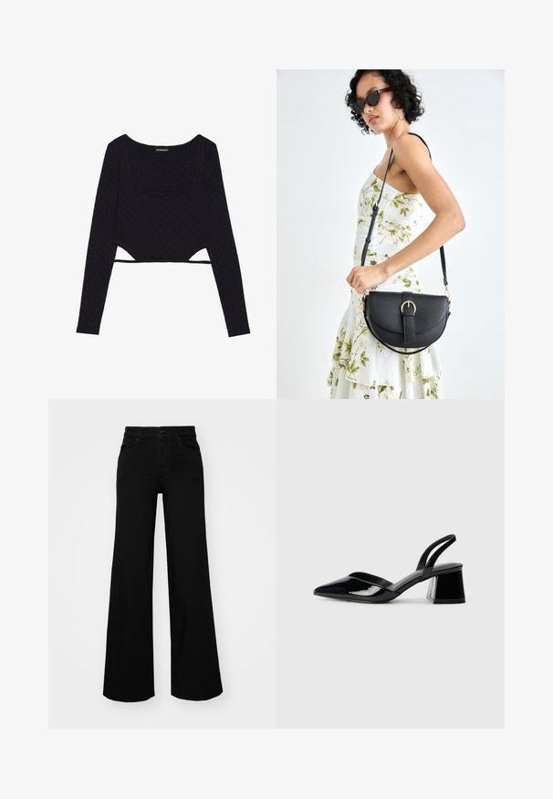 Schwarzes, kurzes Langarmoberteil mit strukturiertem sechseckigem Muster, Rundhalsausschnitt und Aussparungen am Saum. Weicher, dehnbarer Stoff.; Schwarze weit geschnittene Hose aus Denim, mit einem strukturierten Bund, Gürtelschlaufen und Fronttaschen. Glatte Textur mit klassischem Design.; Schwarze Lackleder-Slingback-High Heels mit spitzem Schuh und einem geometrischen Blockabsatz. Verfügt über ein schlankes, minimalistisches Design und eine glatte Textur.; Schwarze Lederhandtasche mit geschwungener Form, abnehmbarem Tragegurt und goldenen Beschlägen. Die Tasche verfügt über einen Deckel mit einer Schnallen-Details.
