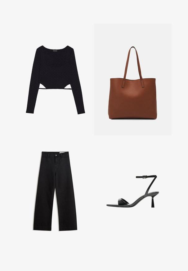 Czarny krótki top z długimi rękawami z teksturowanym heksagonalnym wzorem, okrągłym dekoltem i wycięciami na dole. Miękki, elastyczny materiał.; Czarne dżinsowe spodnie o szerokich nogawkach i wysokim stanie, z przednimi i tylnymi kieszeniami, przeszyciami oraz zapięciem na guziki. Gładka struktura.; Bershka - Sandały na obcasie; Brązowa skórzana torba tote o gładkiej fakturze, z otwartym wierzchem i dwoma ramiączkami. Charakteryzuje się minimalnym przeszyciem i brakiem widocznych elementów metalowych.