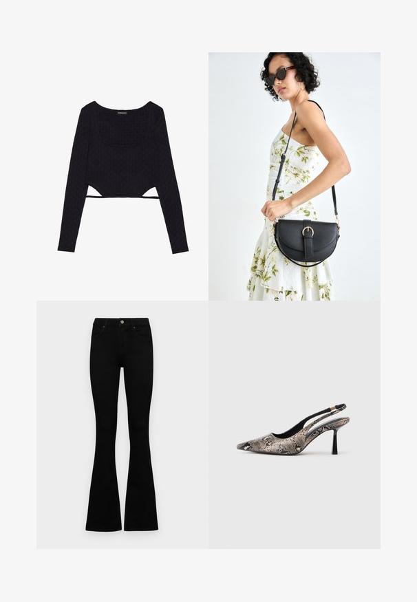 Mustmust mustrebria joog, millel on tekstuuriga kuue nurga muster, ümmargune kaelus ja lõikeaktsendid äärtes. Pehme ja elastne kude.; Mustad kõrge vöökohtadega teksad, millel on nööp ja lukuga sulgemine, esikäe taskud ja laienevad sääred, asetatud tasasele valgele taustale.; Kitsas varvusega slingback kingad, mis on valmistatud tekstuuriga maosarnase materjali toel, omavad saledat musta kõrget kontsa ja lõikega disaini külgedel.; Mustmust mustraha kõverate joontega, eemaldatava rihmaga ja kuldsete detailidega. Kotil on klapp, millel on pandladetail.