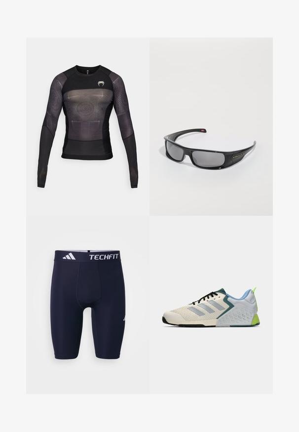 Venum AIR RASHGUARDS - Top s dlhým rukávom - deep black/desert sand; Námornícke modré šortky TECHFIT so priliehavým strihom, elastickým pásom s bielym brandingom a hladkým, pružným materiálom.; Ľahké atletické topánky s krémovým sieťovinovým zvrškom, sivými pruhmi, zeleným akcentom a štruktúrovaným modrým pätovým oporom. Čierne šnúrky.; Čierne slnečné okuliare Oakley s obopínajúcim rámom, tmavými obdĺžnikovými sklami a zakrivenými nožičkami na bielom pozadí.