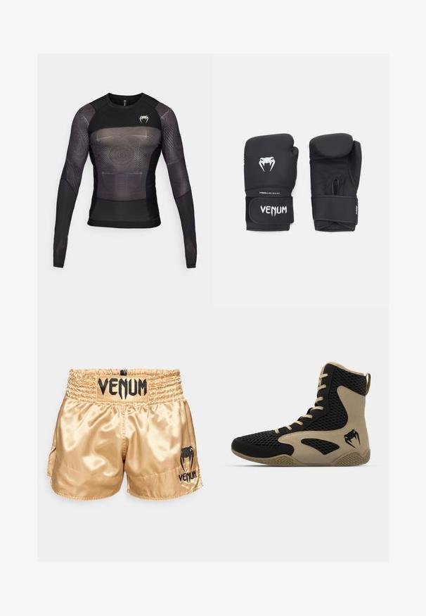 Venum AIR RASHGUARDS - Μπλούζα με μακριά μανίκια - deep black/desert sand; Χρυσά σατέν μποξέρ με μαύρο λογότυπο "VENUM" στη μέση και στο πλάι, διαθέτουν λεία υφή και ελαστική ζώνη για άνεση.; Αθλητικά παπούτσια τύπου ψηλή με μαύρο διχτυωτό εξωτερικό και εκρού λεπτομέρειες. Υφή από καουτσούκ στην σόλα και λογότυπο στη πλευρά.; Μαύρα γάντια μποξ με λεία υφή, που διαθέτουν λευκό λογότυπο Venom και προσαρμόσιμο ιμάντα με αυτοκόλλητο για ασφαλή εφαρμογή.