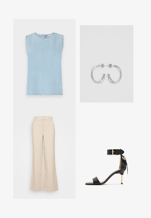 Šviesiai mėlynas džinsinis be rankovių viršus su apvaliu iškirpimu, tiesia apdaila ir centrinėmis siūlėmis. Audinys turi subtilią tekstūrą ir kasdienį apdailą.; Bežiniai plačios kojos kelnes su lygiu paviršiumi, turinčios aukštą liemenį ir dvi priekinės kišenes. Švarus dizainas su pritaikytu siluetu.; Juodas odinis aukštakulnis šlepetės su kvadrato formos pirštu, kulkšnies dirželiu su auksiniu užsegimu ir liesu metaliniu kulnu. Lygus paviršius, minimalistinis dizainas.; Sidabrinės auskarai žiedai su lygiu, blizgiu paviršiumi. Suapvalinta forma, lengvas dizainas, su uždarymu ant smeigtuko.