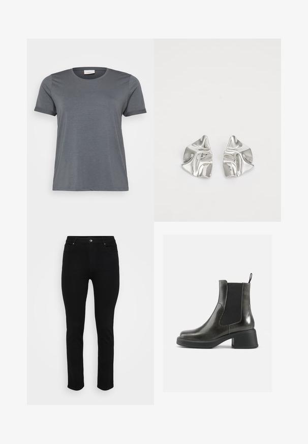 Grå kortermet t-skjorte laget av myk stoff, med klassisk rund hals og rullede ermer. Glatt tekstur uten synlige mønstre.; Sorte denim jeans med slim fit, fem-lomme design, front knappelukking og lett stretch for komfort. Flat, jevn tekstur med minimal detaljer.; Sorte ankelstøvler i svart lær med glatt overflate, elastiske sidepaneler og en kraftig hæl. Har en løftestrop for enklere påkledning.; Sølvmetall øredobber med et bølgete, skulpturelt design, preget av en polert finish og uregelmessige former, som fremhever en moderne estetikk.