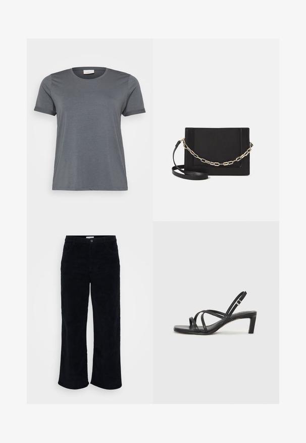 Siva kratka majica s kratkim rukavima, izrađena od mekanog materijala, sa klasičnim okruglim izrezom i zavrnutim rukavima. Glatka tekstura bez vidljivih uzoraka.; Crne ženske hlače od kordura, sa ravnim nogavicama, prednjim džepovima, kopčanjem na dugme i patentni zatvarač, te mekim, teksturiranim završetkom.; Crne sandale s trakama, kvadratnim prstom i niskom blok petom. Ima više tankih trakica i podesivu trakicu oko gležnja. Izrađene su od glatke kože.; Crna kožna torba preko tijela s glatkom teksturom, pravokutnim oblikom i metalnim lancem na prednjoj strani. Uključena je podesiva naramenica.; Srebrna dvostruka prsten s glatkom, poliranom površinom. Karakterizira ga fluidan, zakrivljen dizajn s preklapajućim sekcijama za moderan izgled.